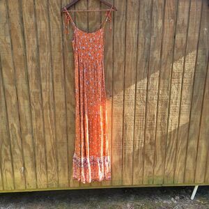 Altar'd State Orange Floral Boho Tie Spagetti Strap Maxi Dress Womens Size L